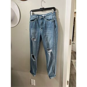 Flying Monkey Womens Blue Denim Distressed Stretch Mom Jeans Medium Wash Size 26